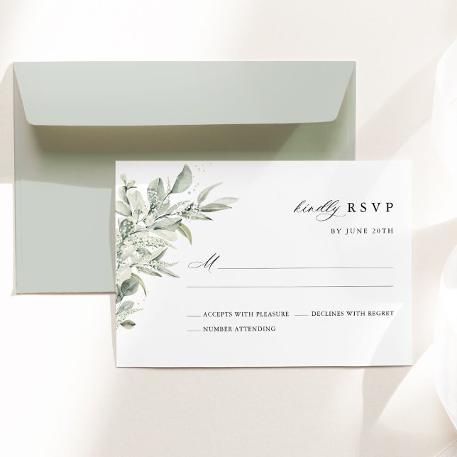 Cartão RSVP Sage Green Botanical Watercolor Elegant Wedding (Sage green botanical watercolor wedding RSVP card, minimalist elegant modern classic stationery.)