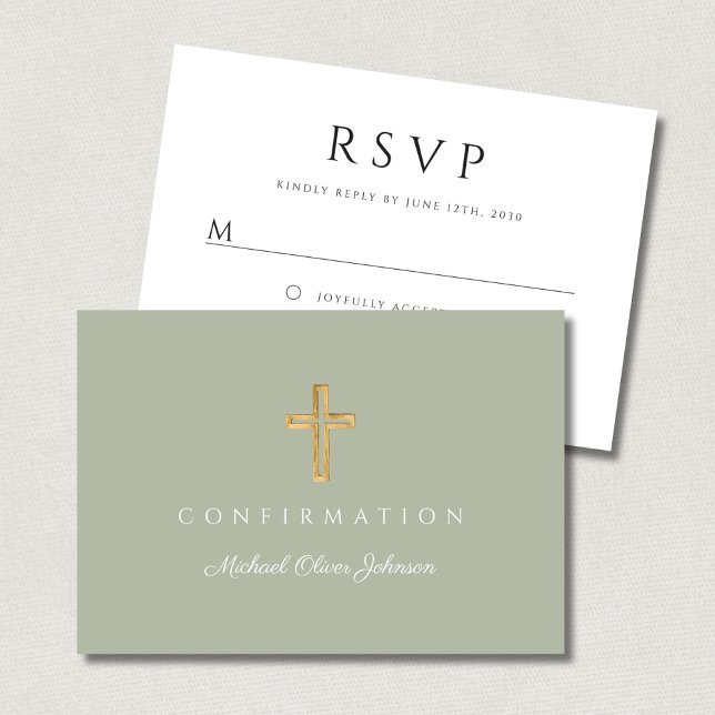Cartão RSVP Sage Green Boy Religious Cross Confirmation (Sage Green Boy Religious Cross Confirmation RSVP Card)