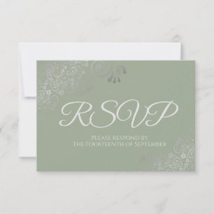 Cartão RSVP Sage Green com Casamento Elegante de Lace Silver