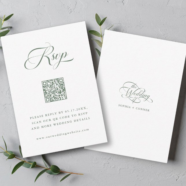 Cartão RSVP Sage Green Delicate Elegant Script Wedding (Front & Back)
