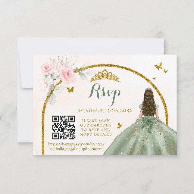 Cartão RSVP Sage Green Dourada Princesa Borboleta Mis Quince Q (Frente)