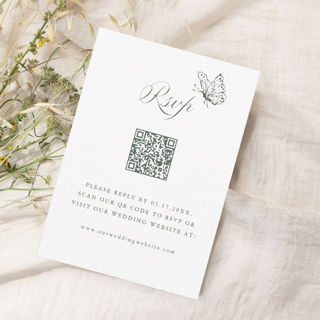 Cartão RSVP Sage Green Elegant Calligraphy Wedding QR Code (Criador carregado)
