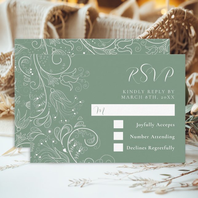 Cartão RSVP Sage Green Elegant Floral Wedding (Criador carregado)