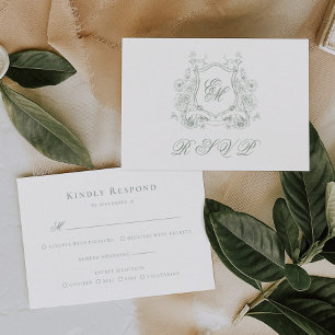 Cartão RSVP Sage Green Floral Crest Monograma Casamento Legant