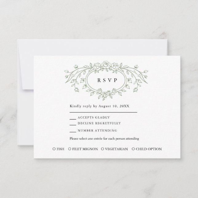 Cartão RSVP Sage Green Floral Line Art Wedding Response Card (Frente)