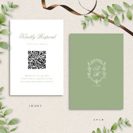 Cartão RSVP Sage Green Floral Monogram Crest Wedding QR Code