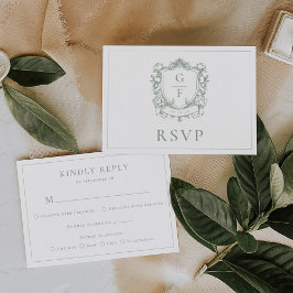 Cartão RSVP Sage Green Monograma Crest Rosas Franceses Casamen