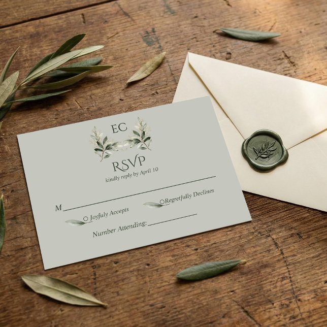 Cartão RSVP Sage Green Olive Branch Monogram Wedding (Criador carregado)