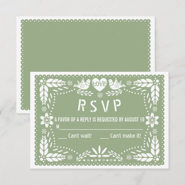 Cartão RSVP Sage green papel picado amor pássaros flores casam (Frente/Verso)