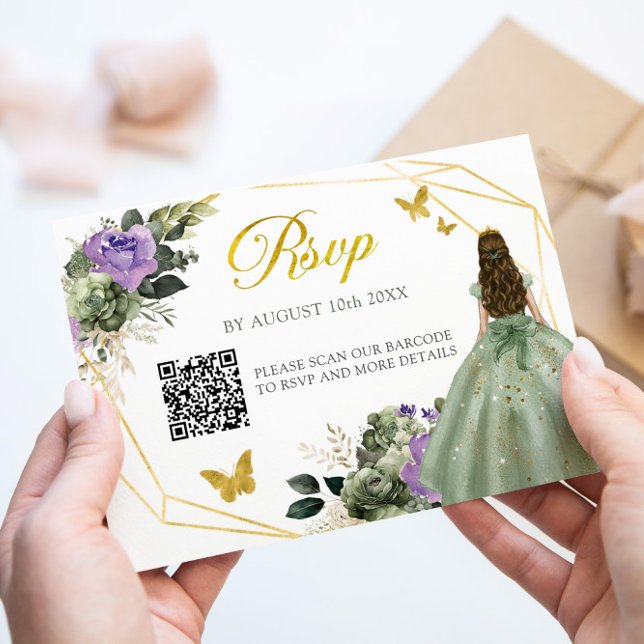 Cartão RSVP Sage Green Purple Princess Quinceañera QR (Criador carregado)