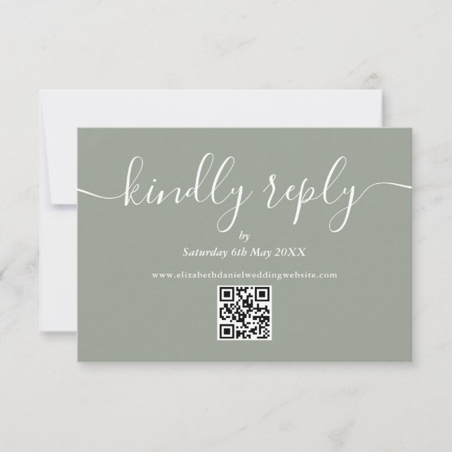 Cartão RSVP Sage Green QR Code Wedding Script gentilmente Resp (Frente)