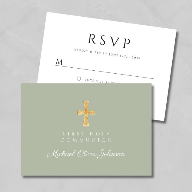 Cartão RSVP Sage Green Religerian Cross First Communence (Sage Green Religious Cross First Communion RSVP Card)