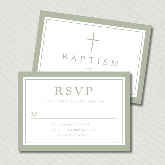 Cartão RSVP Sage Green Religious Cross Boy Baptism  (Sage Green Religious Cross Boy Baptism RSVP Card)