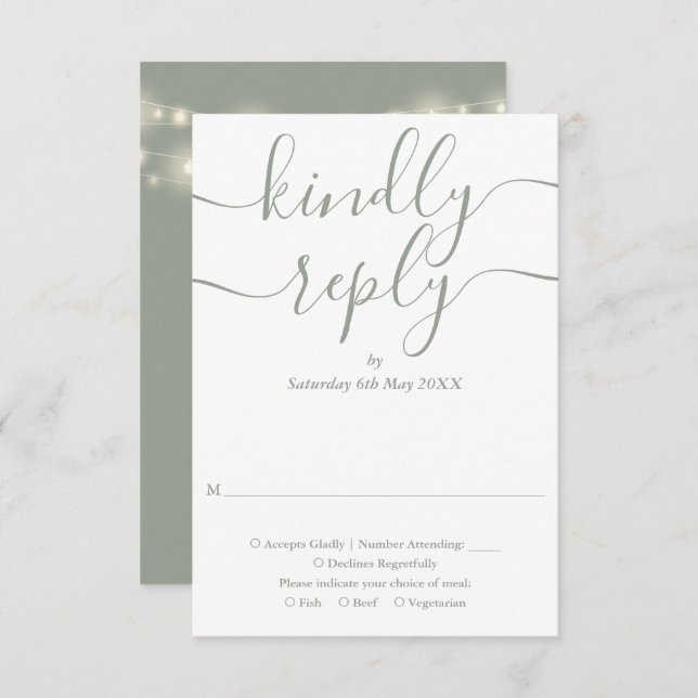 Cartão RSVP Sage Green Script String Luzes Casamento (Frente/Verso)