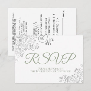 Cartão RSVP Sage Green sobre Casamento de rendas de prata Eleg
