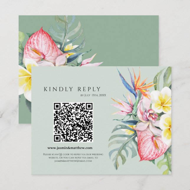 Cartão RSVP Sage Green Tropical Floral Hawaii QR Code Wedding (Frente/Verso)