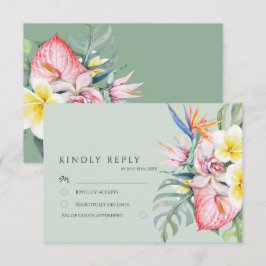 Cartão RSVP Sage Green Tropical Floral Hawaii Wedding