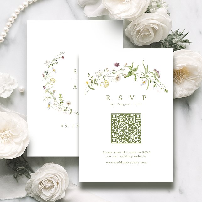 Cartão RSVP Sage Green Wildflower Rustic Boho Código QR Casame (Sage Green Wildflower Rustic Boho QR code Wedding RSVP Card)