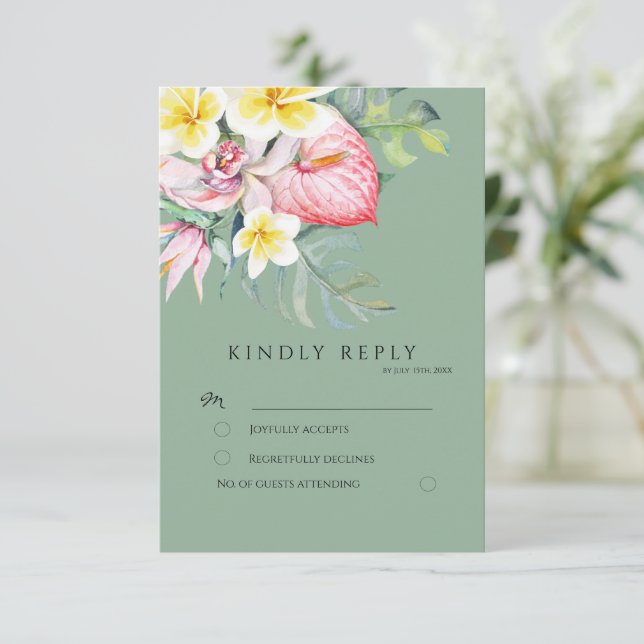 Cartão RSVP Sage Tropical Floral Botanical Wedding (Em pé/Frente)