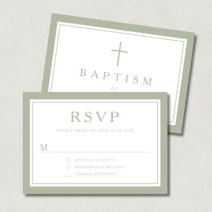 Cartão RSVP Sage Verde Cruz Religiosa Menino Batismo 