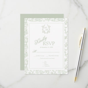 Cartão RSVP Sage Verde Toile Floral Monograma Vertical Casamen
