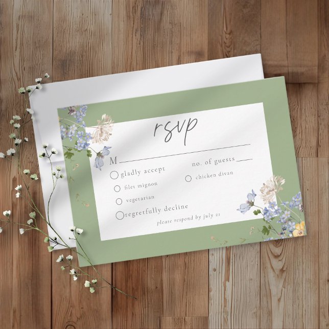 Cartão RSVP Sage Wildflower Garden Elegant Wedding (Criador carregado)