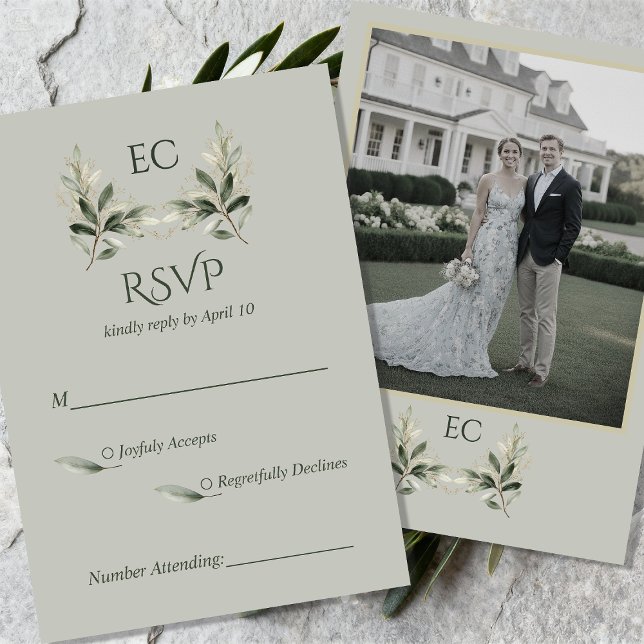 Cartão RSVP SageGreen Olive Branch Monogram Photo Wedding (Criador carregado)