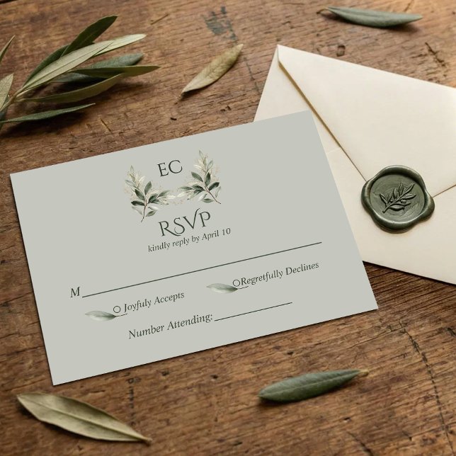 Cartão RSVP SageGreen Olive Branch Monogram Wedding (Criador carregado)