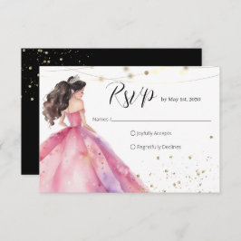 Cartão RSVP Salve a Data Dourada Princesa Rosa Quinceañera