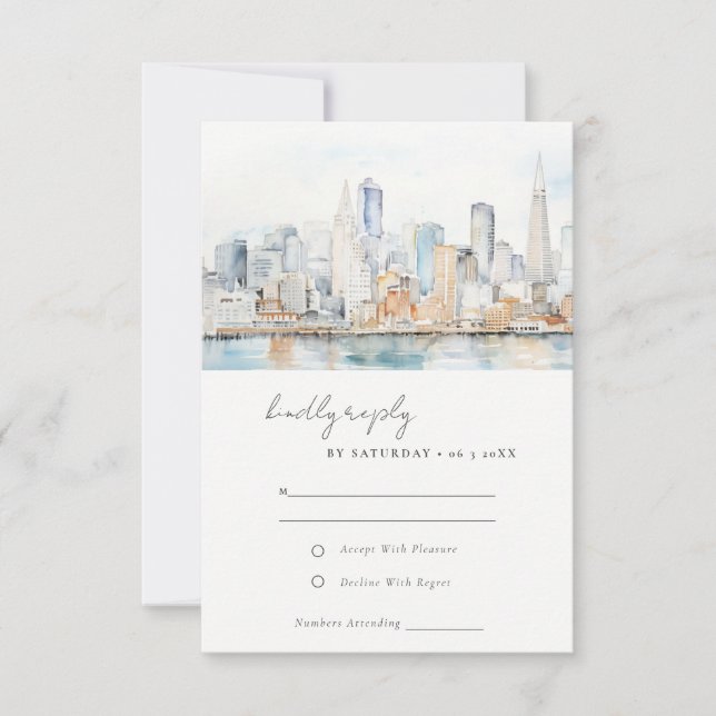 Cartão RSVP San Francisco Watercolor Landscape Wedding (Frente)