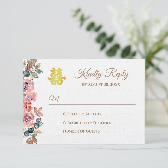Cartão RSVP Sanita floral rosa russa Casamento chinês (Em pé/Frente)