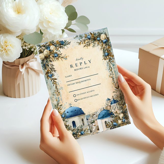 Cartão RSVP Santorini Blue Dome Botanical Destination Wedding (Criador carregado)