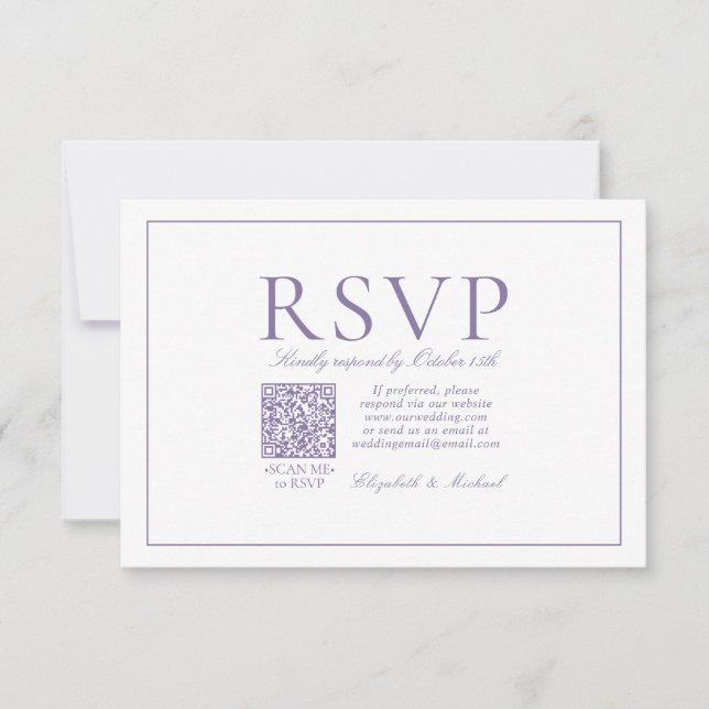 Cartão RSVP Script Clássico de Lavanda Lilac Elegante de Códig (Frente)