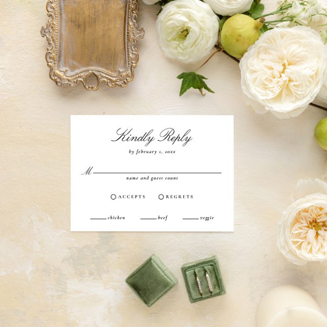 Cartão RSVP Script de Caligrafia Elegante de Casamento Negro e (Criador carregado)