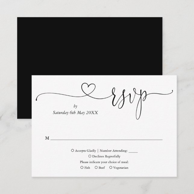 Cartão RSVP Script De Coração Elegante Preto E Branco (Frente/Verso)