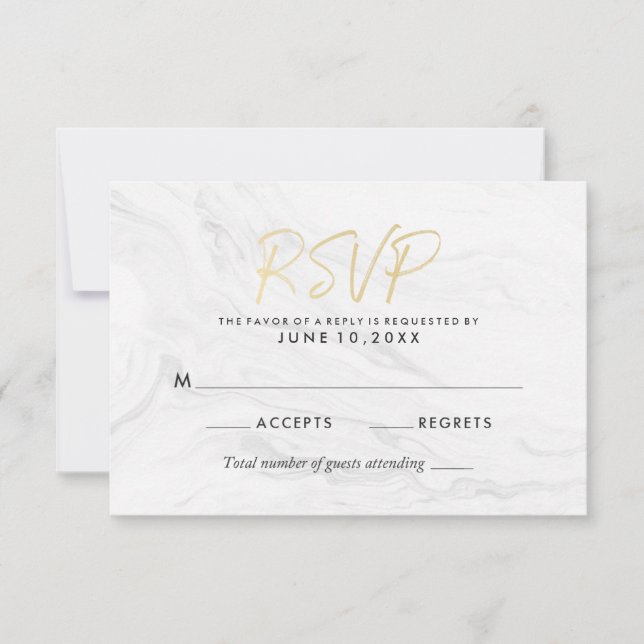 Cartão RSVP Script Dourado de mármore branco moderno | VP de C (Frente)
