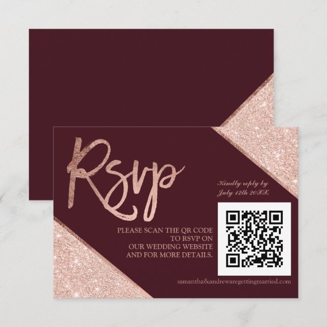 Cartão RSVP script dourado rosa com script vermelho QR código  (Frente/Verso)