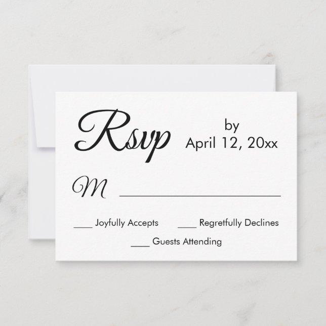 Cartão RSVP Script Elegante Simples, Casamento Preto e Branco (Frente)