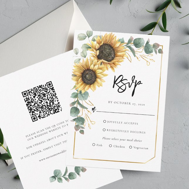 Cartão RSVP Script Floral Girassol Código QR Casamento (Floral Sunflower Eucalyptus Greenery Wedding RSVP Card)