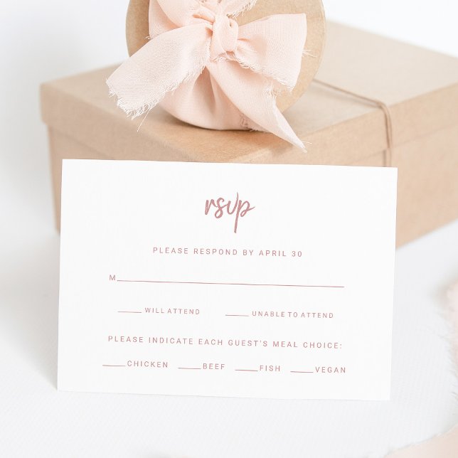 Cartão RSVP Script Rosa branco e empoeirado | Escolha de Refei (A modern white and dusty pink wedding rsvp card)
