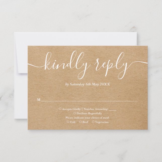 Cartão RSVP Script Simples e Elegante Rustic Kraft (Frente)