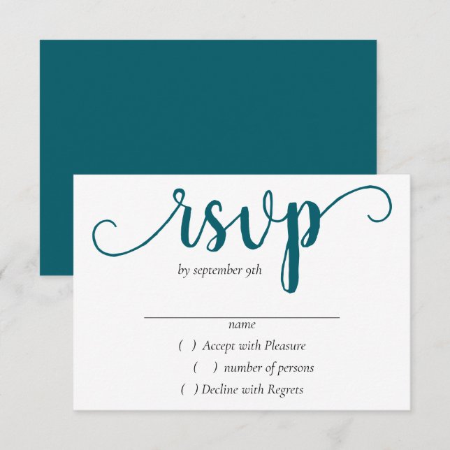 Cartão RSVP Script Teal Simples | Azul-Verde Escuro (Frente/Verso)