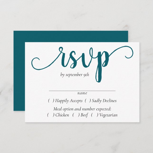 Cartão RSVP Script Teal Simples | Escolha da Refeição Azul-Ver (Frente/Verso)