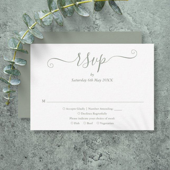 Cartão RSVP Script Verde de Sage Elegante Simples (Simple Elegant Sage Green Script RSVP Card)