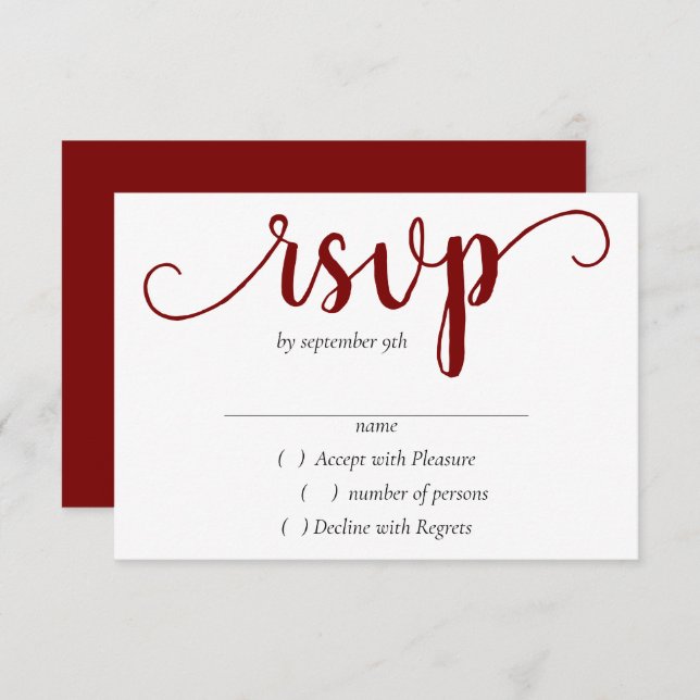 Cartão RSVP Script vermelho simples | Cerery Minimalist Flouri (Frente/Verso)
