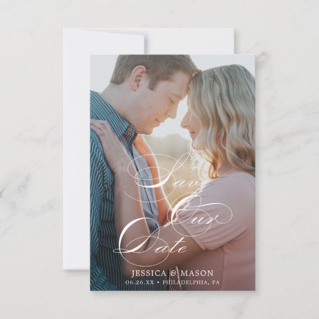 Cartão RSVP Script White Save the Date Card (Salvar branco do  (Frente)