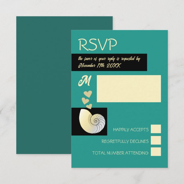 Cartão RSVP Seashell and Hearts, Beach Wedding (Frente/Verso)