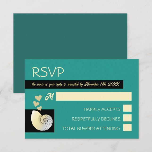 Cartão RSVP Seashell and Hearts, Beach Wedding (Frente/Verso)