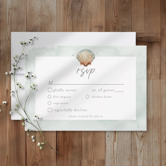 Cartão RSVP Seashell Watercolor Minimalist Beach Wedding (Criador carregado)