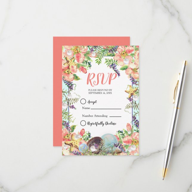 Cartão RSVP Seashells Floral Pearls Coral Aqua (Frente/Verso In Situ)
